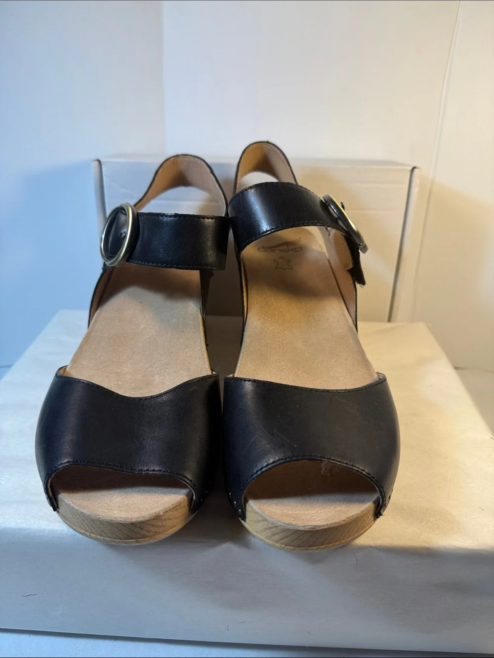 Dansko Black Leather Open-Toe Wedge Sandals with Gold Buckle